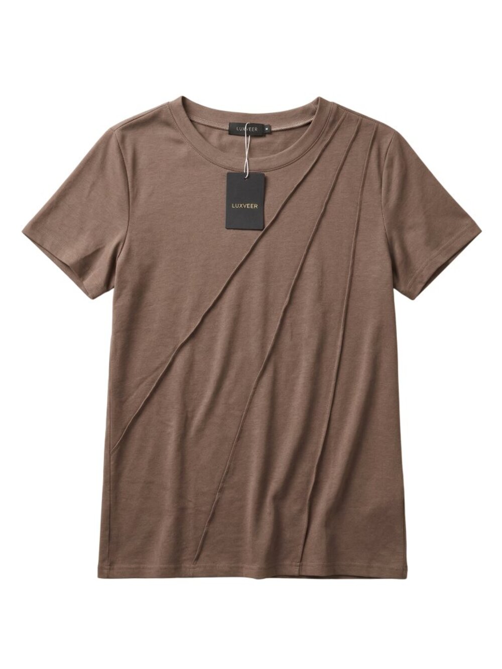 NWT | LUXVEER Mocha Asymmetrical Pintuck Pleat Top Short Sleeve | Medium